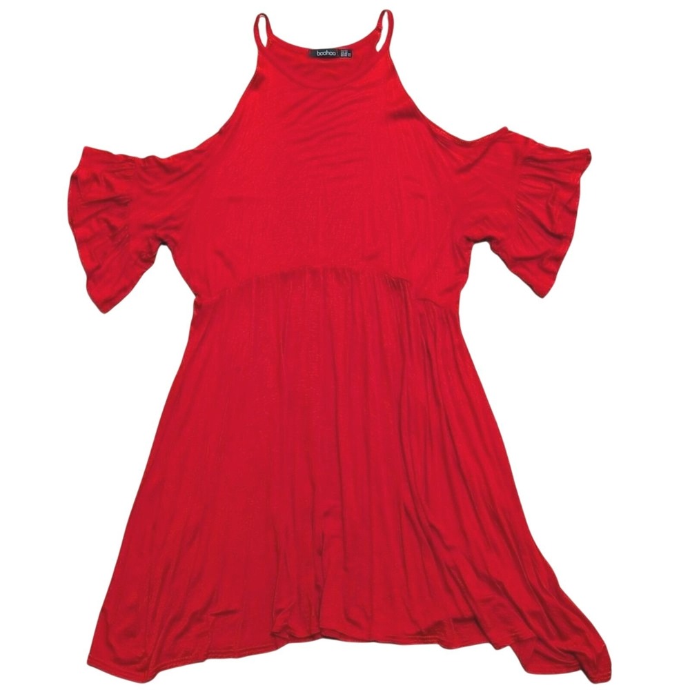 Boohoo Dress 12 L XL Red Cold Shoulder Skater Flare Knee Length NEW Sundress